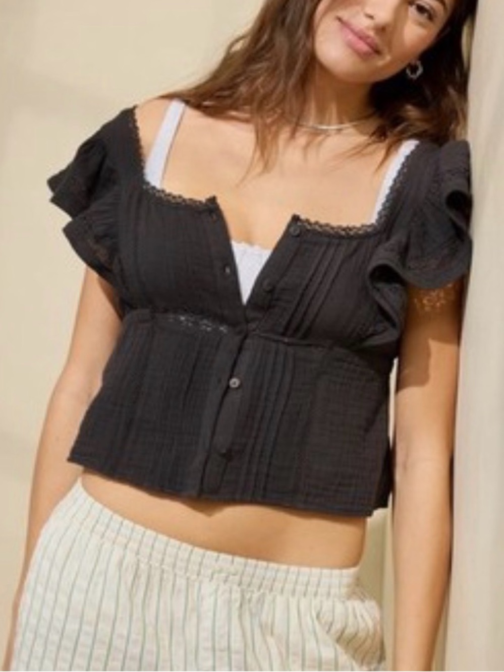 Aerie Smoked Gray Ruffle Sleeve Cotton Top